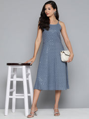 DesiQlo Grey Floral Sequin Embroidered A-Line Midi Dress ( JOK 1494 Grey )