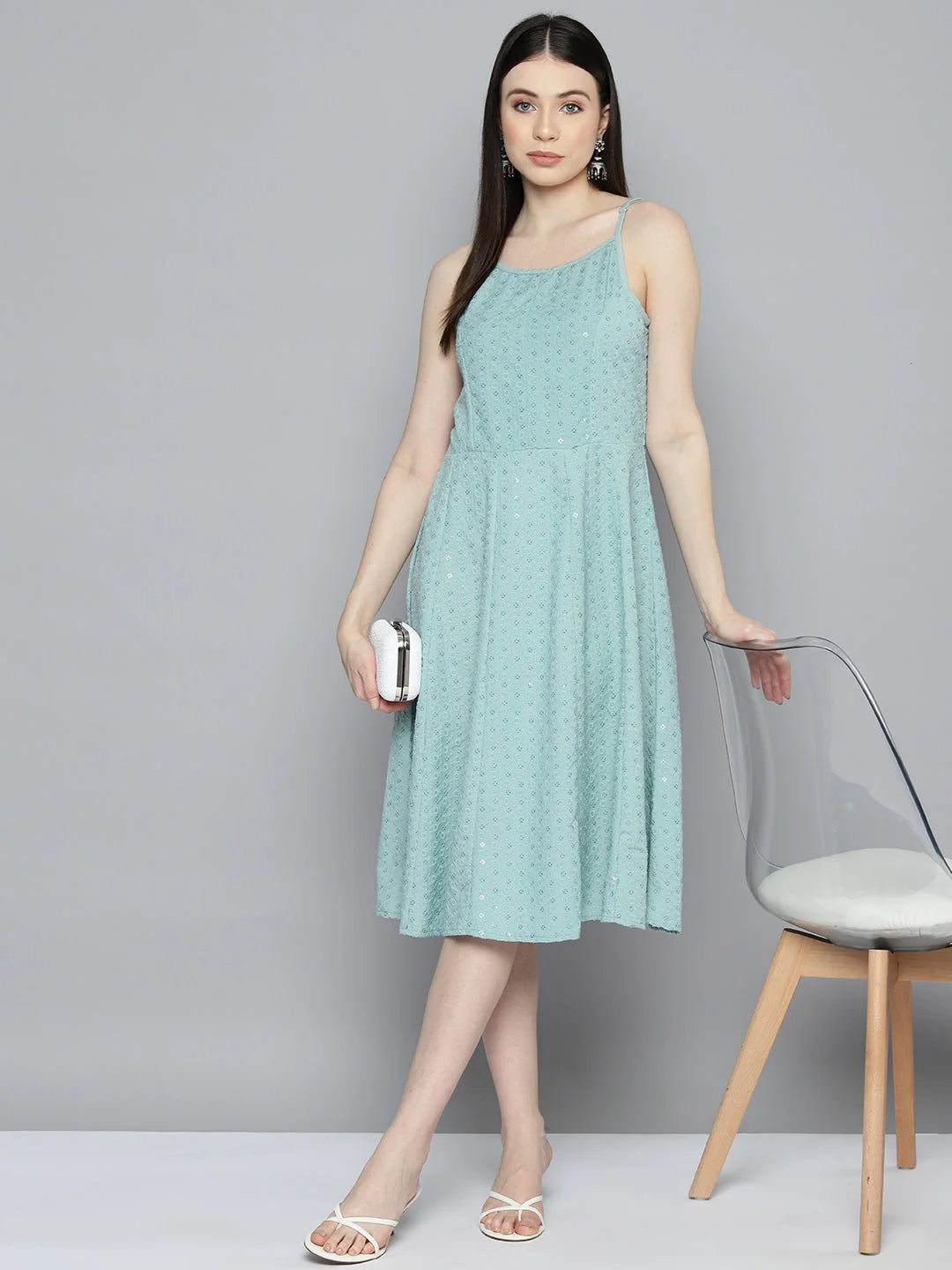 Sequin Anarkali Dress - Women's Western Clothing Light-Blue