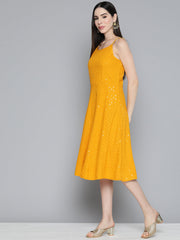 DesiQlo Mustard Floral Sequin Embroidered A-Line Midi Dress ( JOK 1494 Mustard )