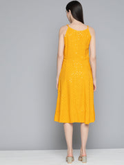 DesiQlo Mustard Floral Sequin Embroidered A-Line Midi Dress ( JOK 1494 Mustard )