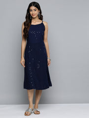 DesiQlo Navy Floral Sequin Embroidered A-Line Midi Dress ( JOK 1494 Navy )