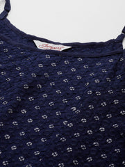 DesiQlo Navy Floral Sequin Embroidered A-Line Midi Dress ( JOK 1494 Navy )
