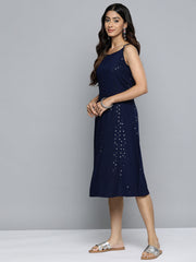 DesiQlo Navy Floral Sequin Embroidered A-Line Midi Dress ( JOK 1494 Navy )