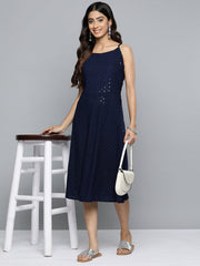DesiQlo Navy Floral Sequin Embroidered A-Line Midi Dress ( JOK 1494 Navy )