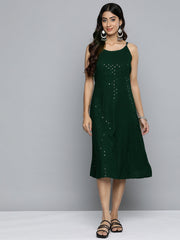 DesiQlo Olive Floral Sequin Embroidered A-Line Midi Dress ( JOK 1494 Olive )
