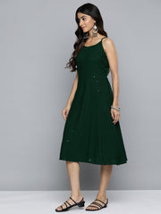 DesiQlo Olive Floral Sequin Embroidered A-Line Midi Dress ( JOK 1494 Olive )