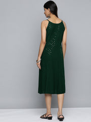 DesiQlo Olive Floral Sequin Embroidered A-Line Midi Dress ( JOK 1494 Olive )