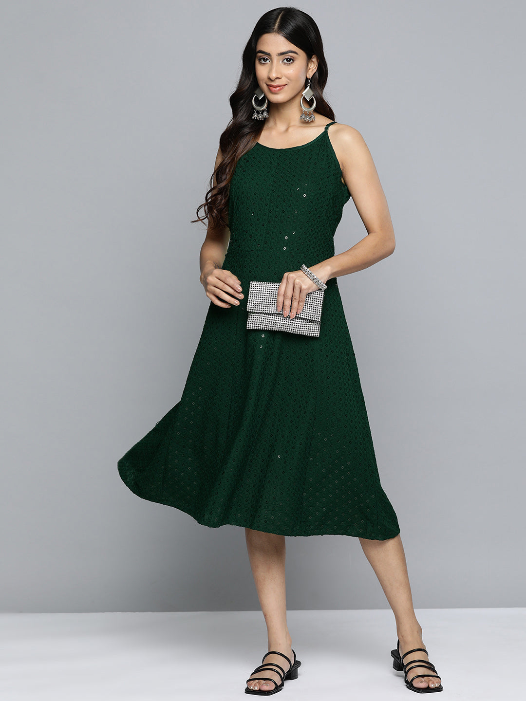 DesiQlo Olive Floral Sequin Embroidered A-Line Midi Dress ( JOK 1494 Olive )