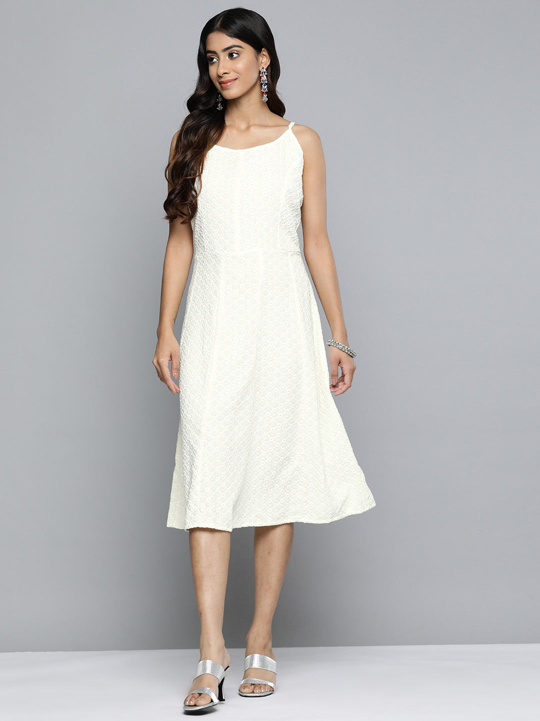 DesiQlo White Floral Sequin Embroidered A-Line Midi Dress ( JOK 1494 White )