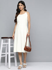 DesiQlo White Floral Sequin Embroidered A-Line Midi Dress ( JOK 1494 White )
