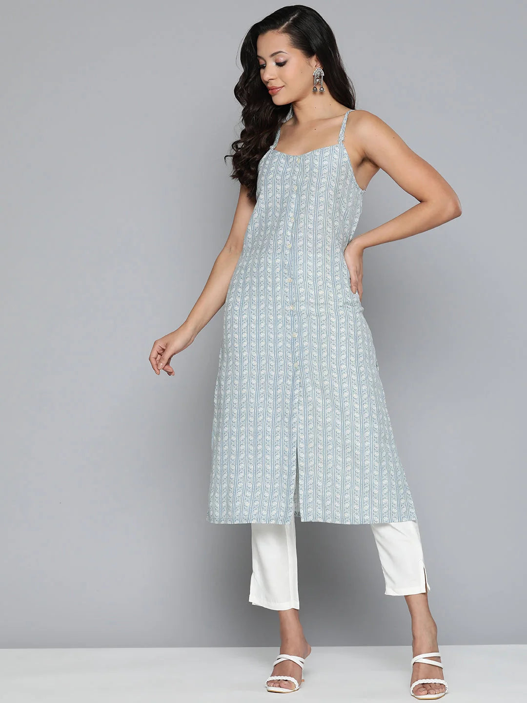 Floral Printed Blue Cotton Kurta - Shop Indian Kurtas Online