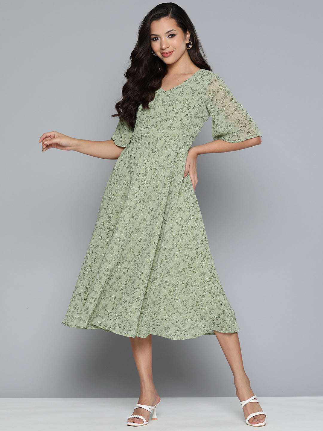 DesiQlo Floral Georgette A-Line Midi Dress ( JOK 1500 Green )