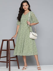 DesiQlo Floral Georgette A-Line Midi Dress ( JOK 1500 Green )
