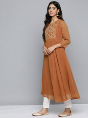 DesiQlo Floral Embroidered Thread Work Floral Georgette Anarkali Kurta ( JOK 1510 Orange )
