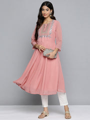 DesiQlo Geometric Embroidered Mirror Work Georgette Anarkali Kurta ( JOK 1511 Coral )