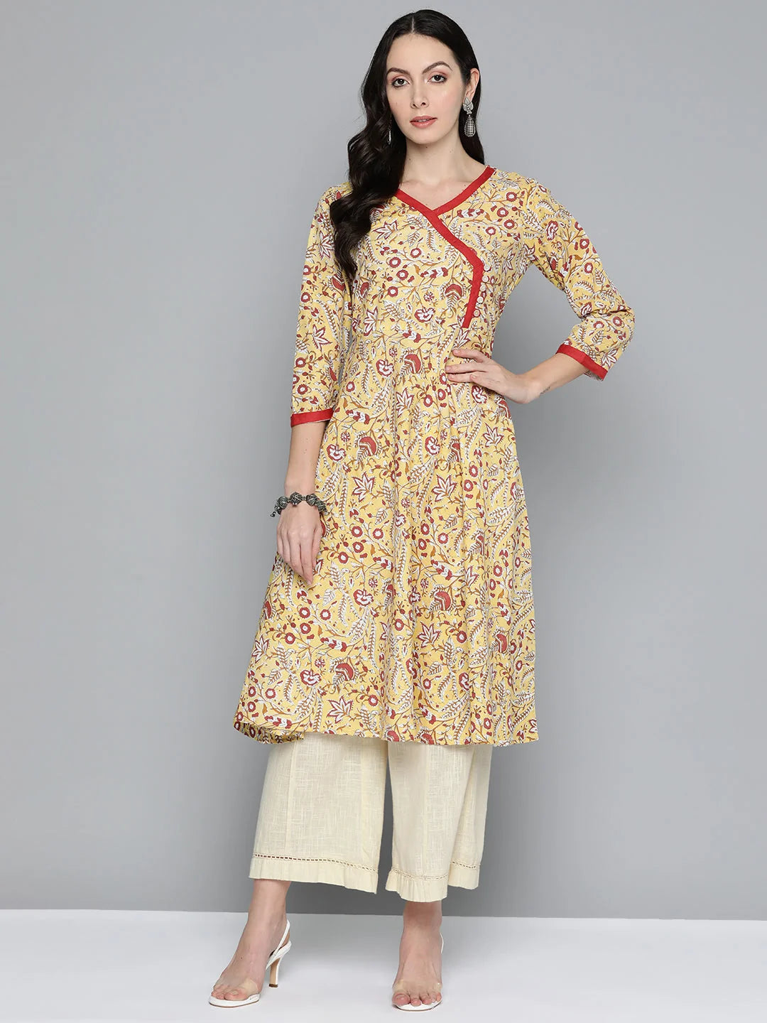 Yellow Floral Anarkali Kurta for Women | Cotton Anarkali Kurti