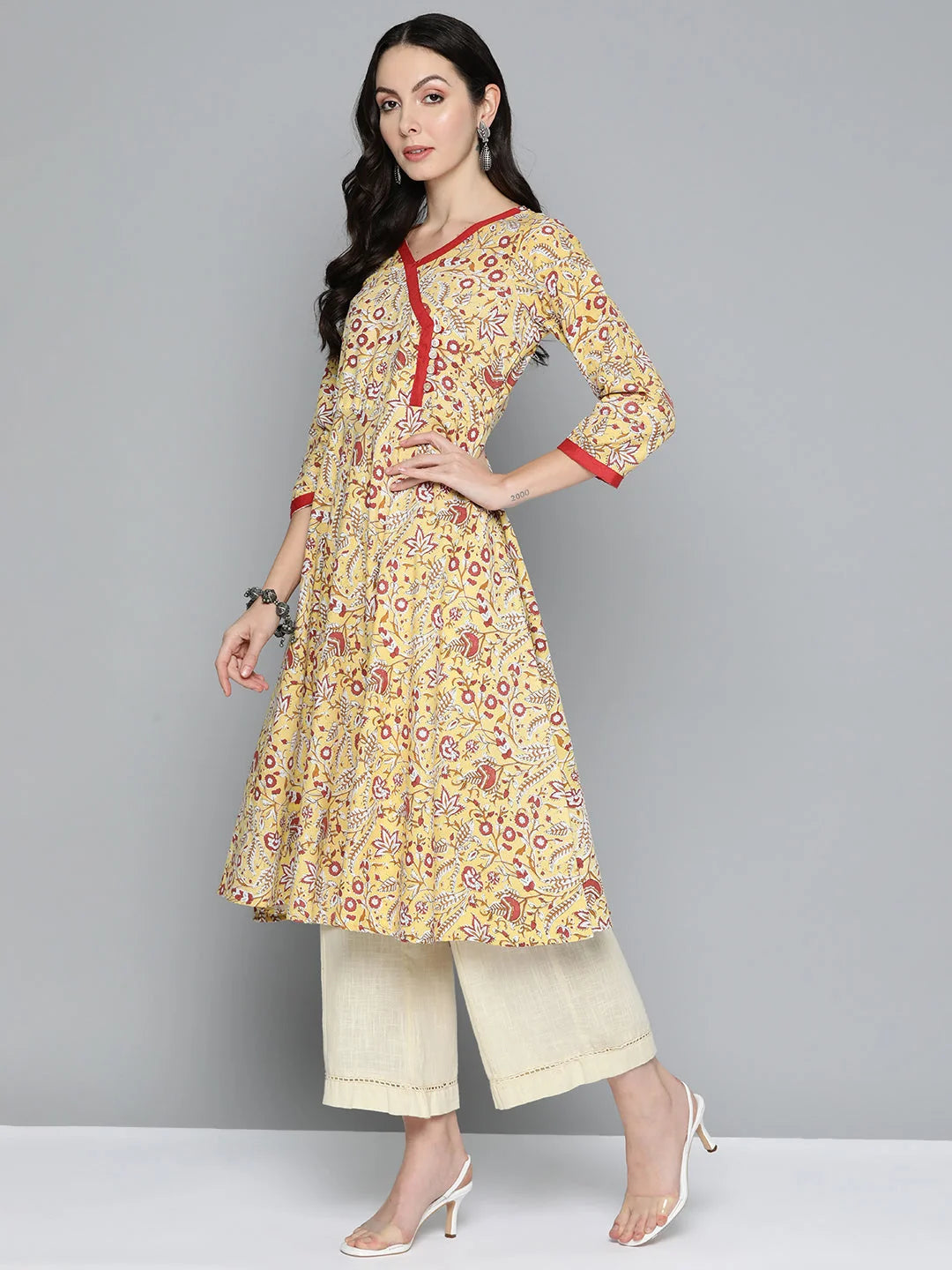 Yellow Floral Anarkali Kurta for Women | Cotton Anarkali Kurti