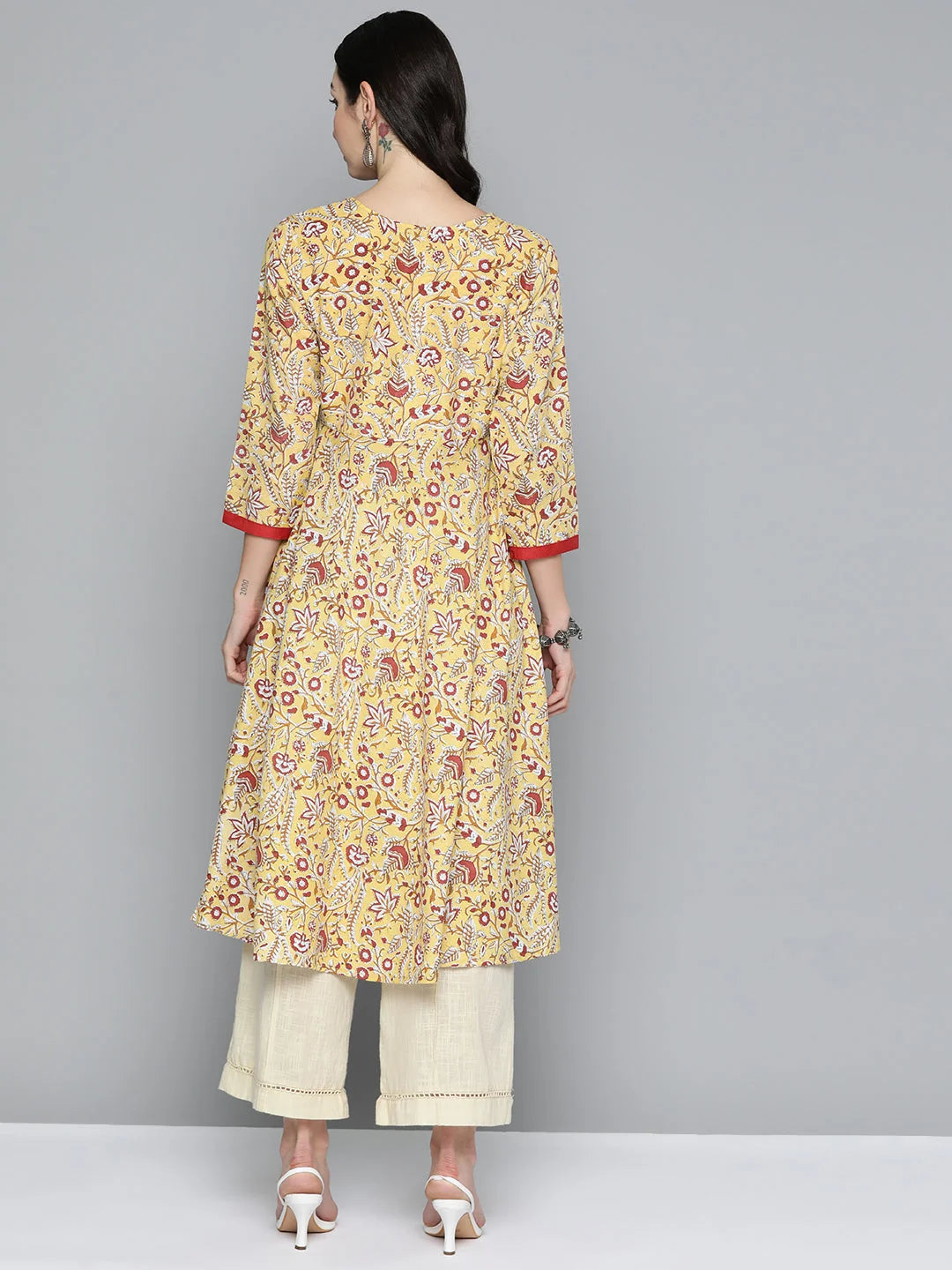 Yellow Floral Anarkali Kurta for Women | Cotton Anarkali Kurti