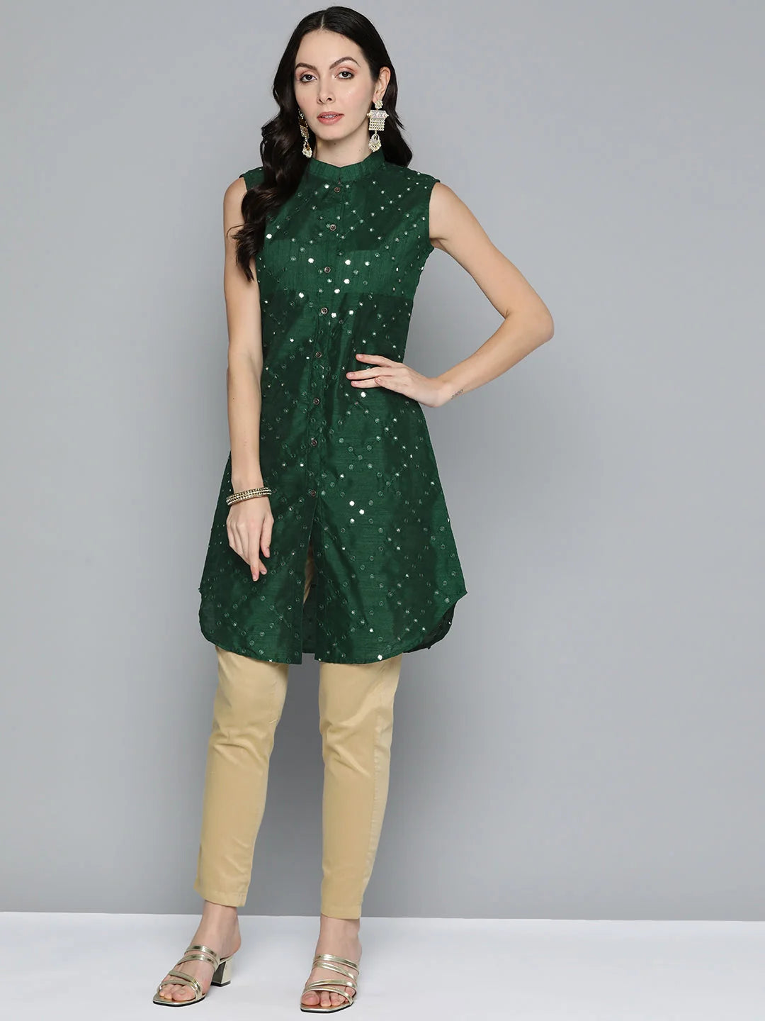 Women Geometric Embroidered Mirror Work Kurta-JOK-1515