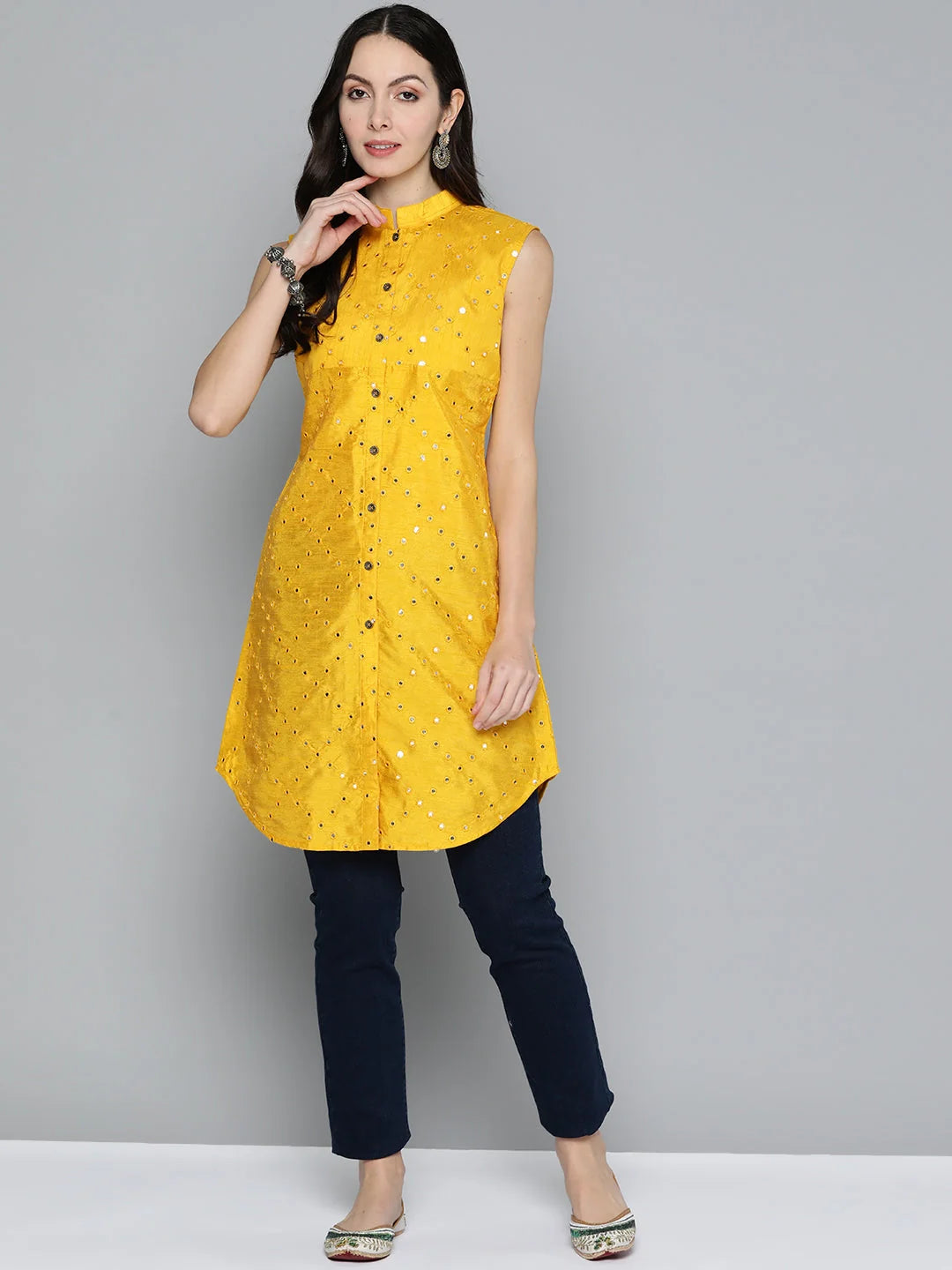 Embroidered Mirror Work Cotton Indian Kurta Ladies Stylish