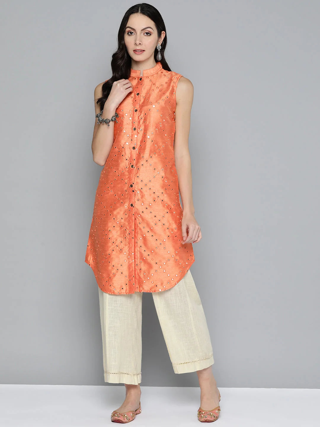 Solid Cotton Indian Kurta with Geometric Embroidery for Women