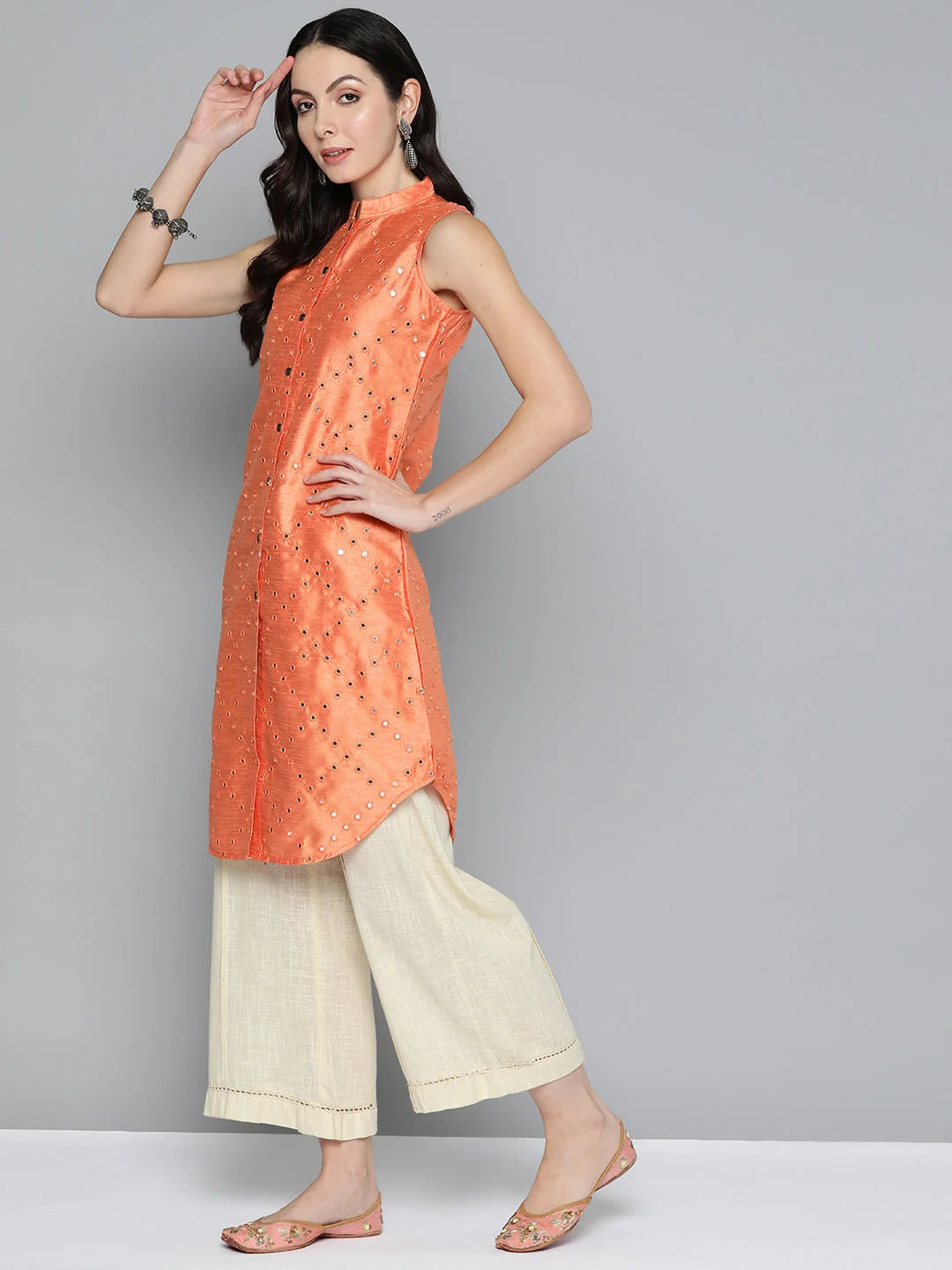 Solid Cotton Indian Kurta with Geometric Embroidery for Women