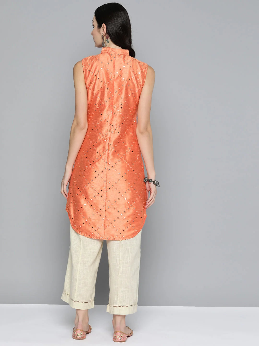 Solid Cotton Indian Kurta with Geometric Embroidery for Women