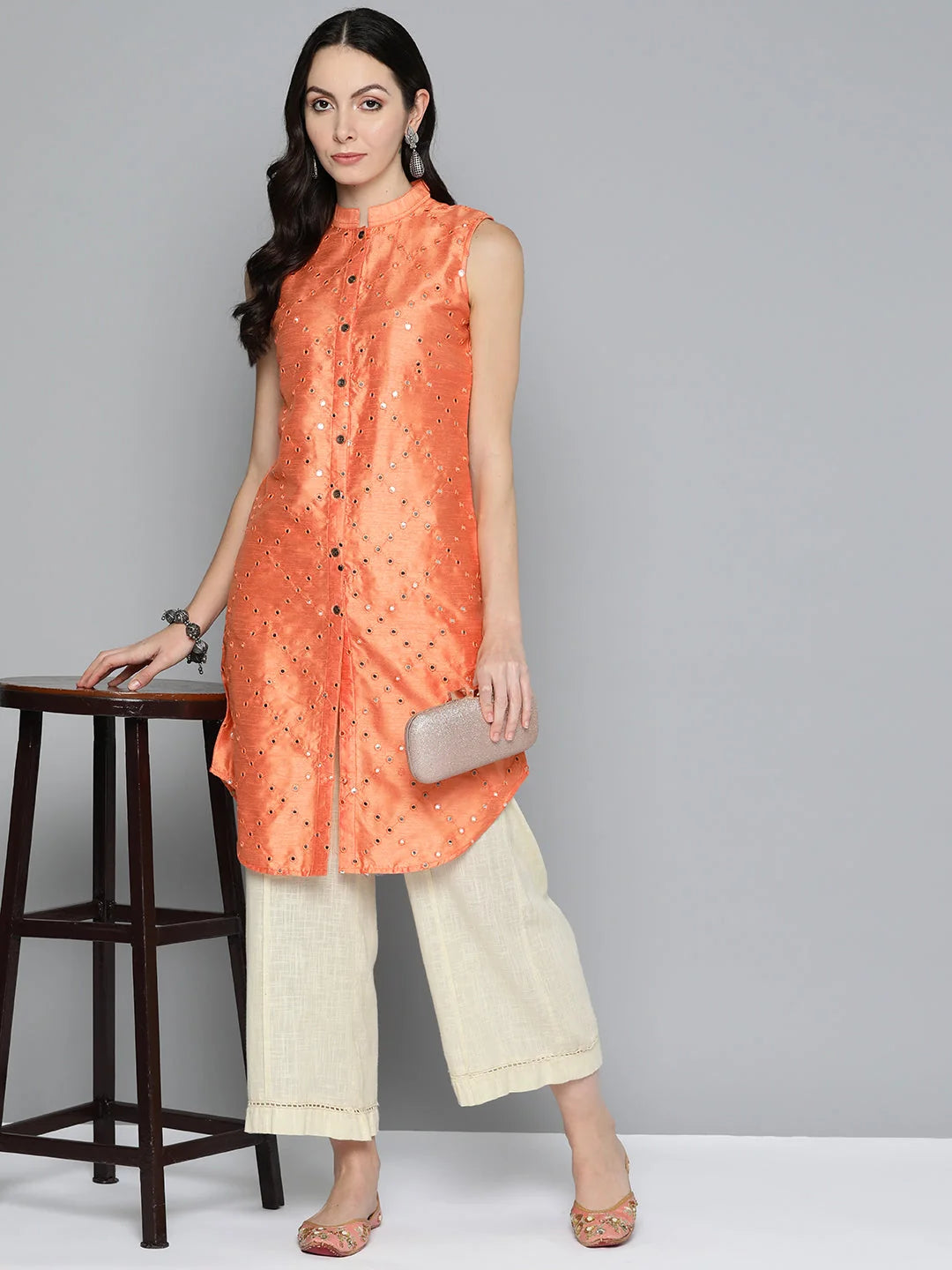 Solid Cotton Indian Kurta with Geometric Embroidery for Women
