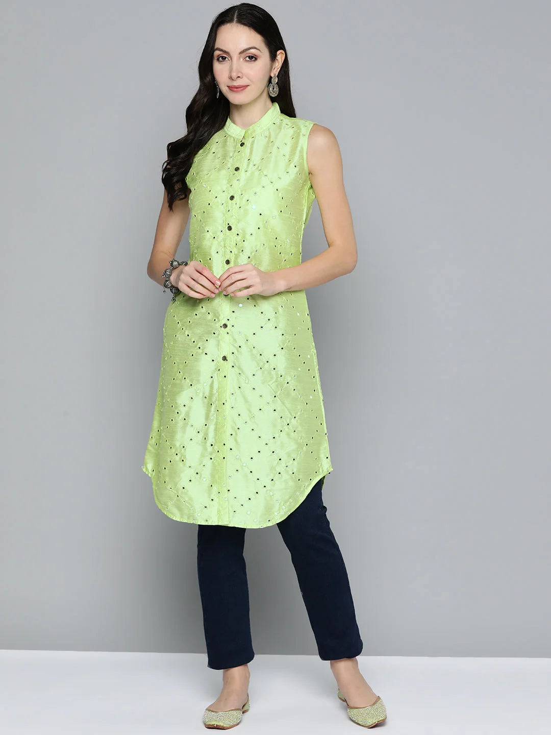 Embroidered Mirror Work Cotton Indian Kurta for Women