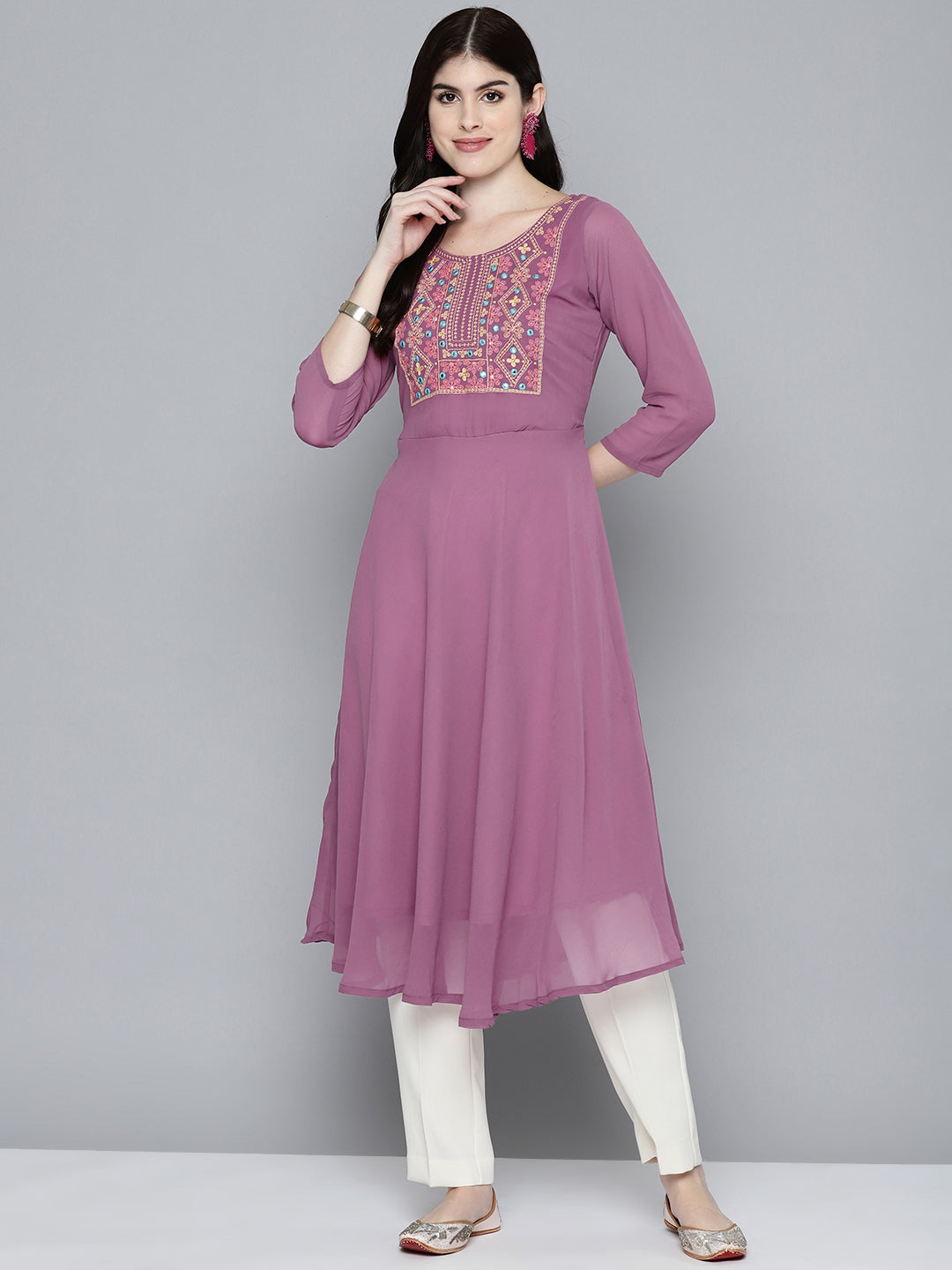Embroidered Yok Flared Indian Kurta | Stylish Indian Kurtas