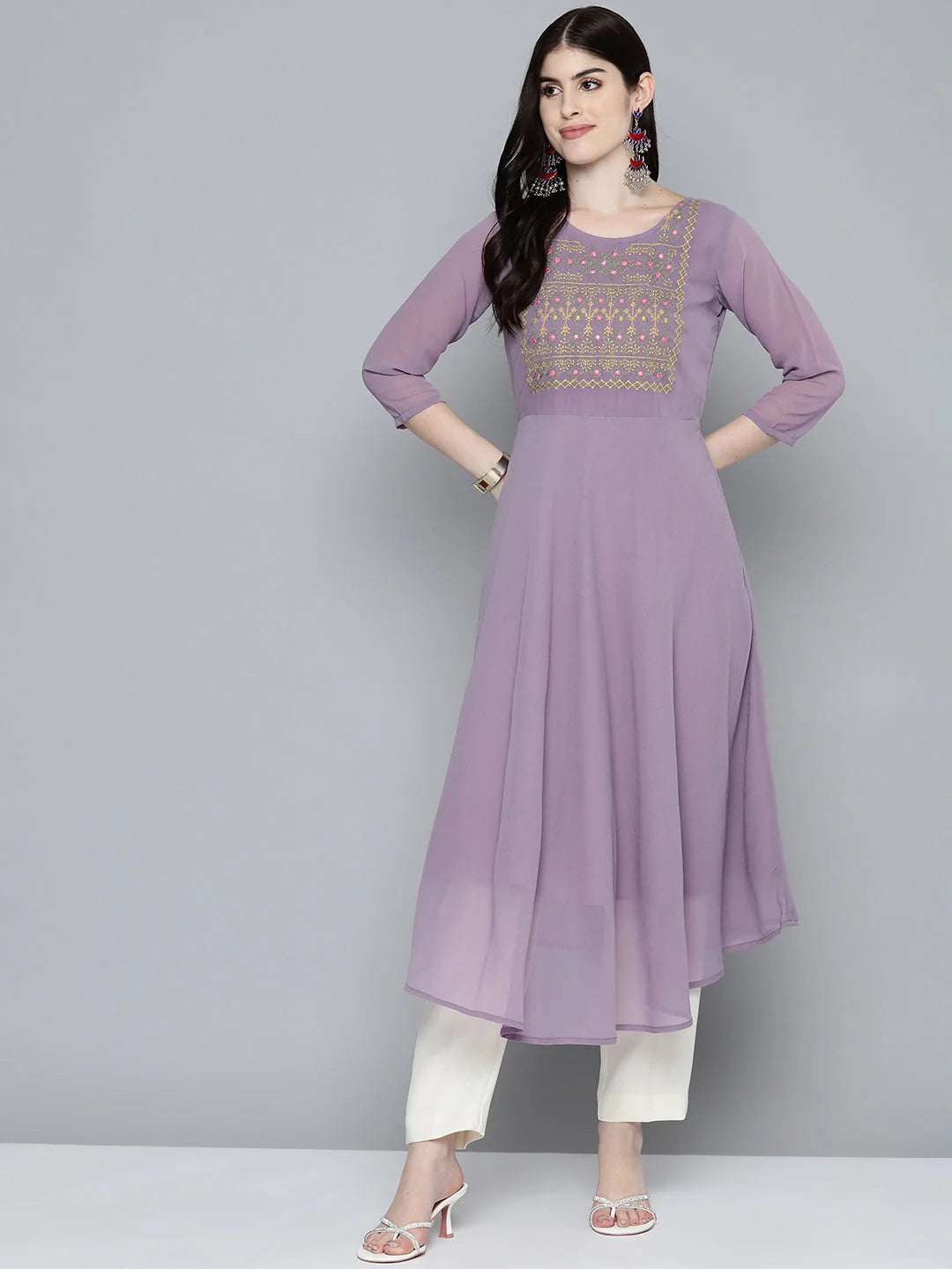 Embroidered flaired gorgette kurta