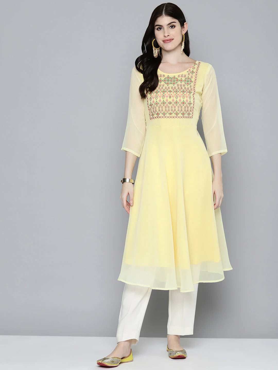 Embroidered Yoke Flared Georgette Indian Kurta for Women