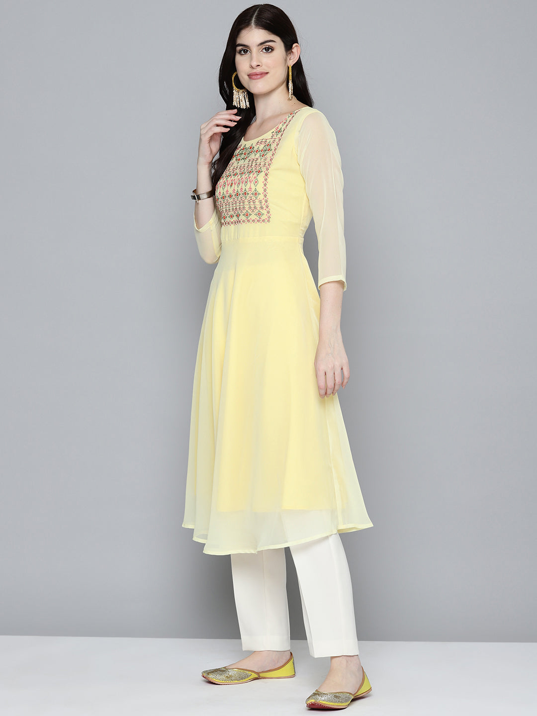 Embroidered Yoke Flared Georgette Indian Kurta for Women