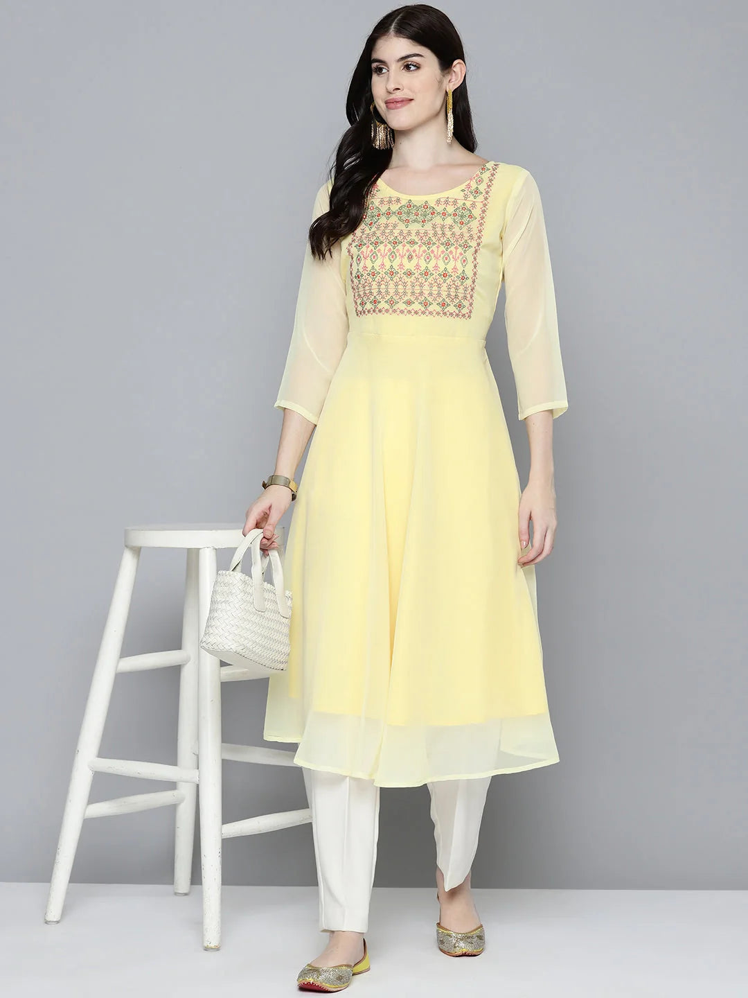 Embroidered Yoke Flared Georgette Indian Kurta for Women