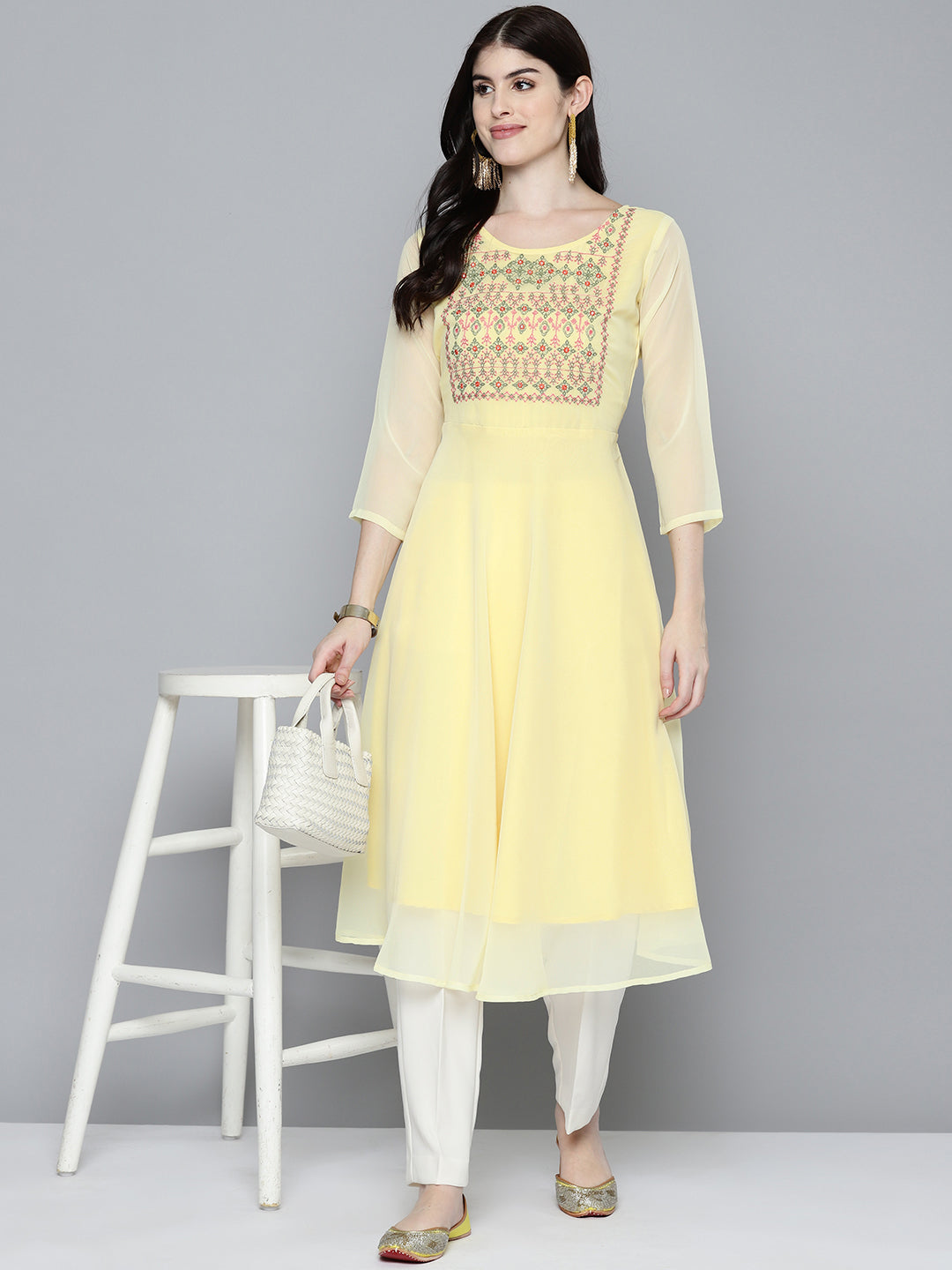 Embroidered Yoke Flared Georgette Indian Kurta for Women