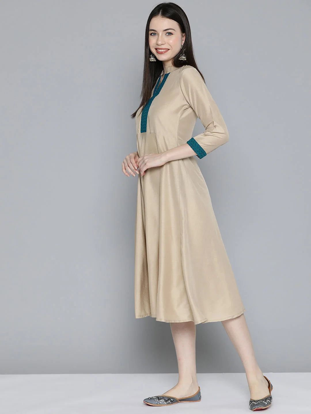 Beige Sequin Ethnic Dress | Women's Western Wear Outfit