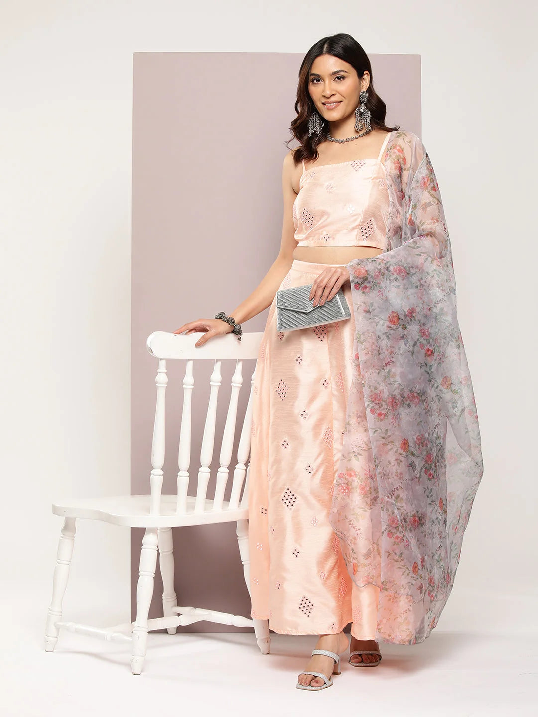 Mirror Work Lehenga Choli With printed Organza dupatta-JOLS-D34W