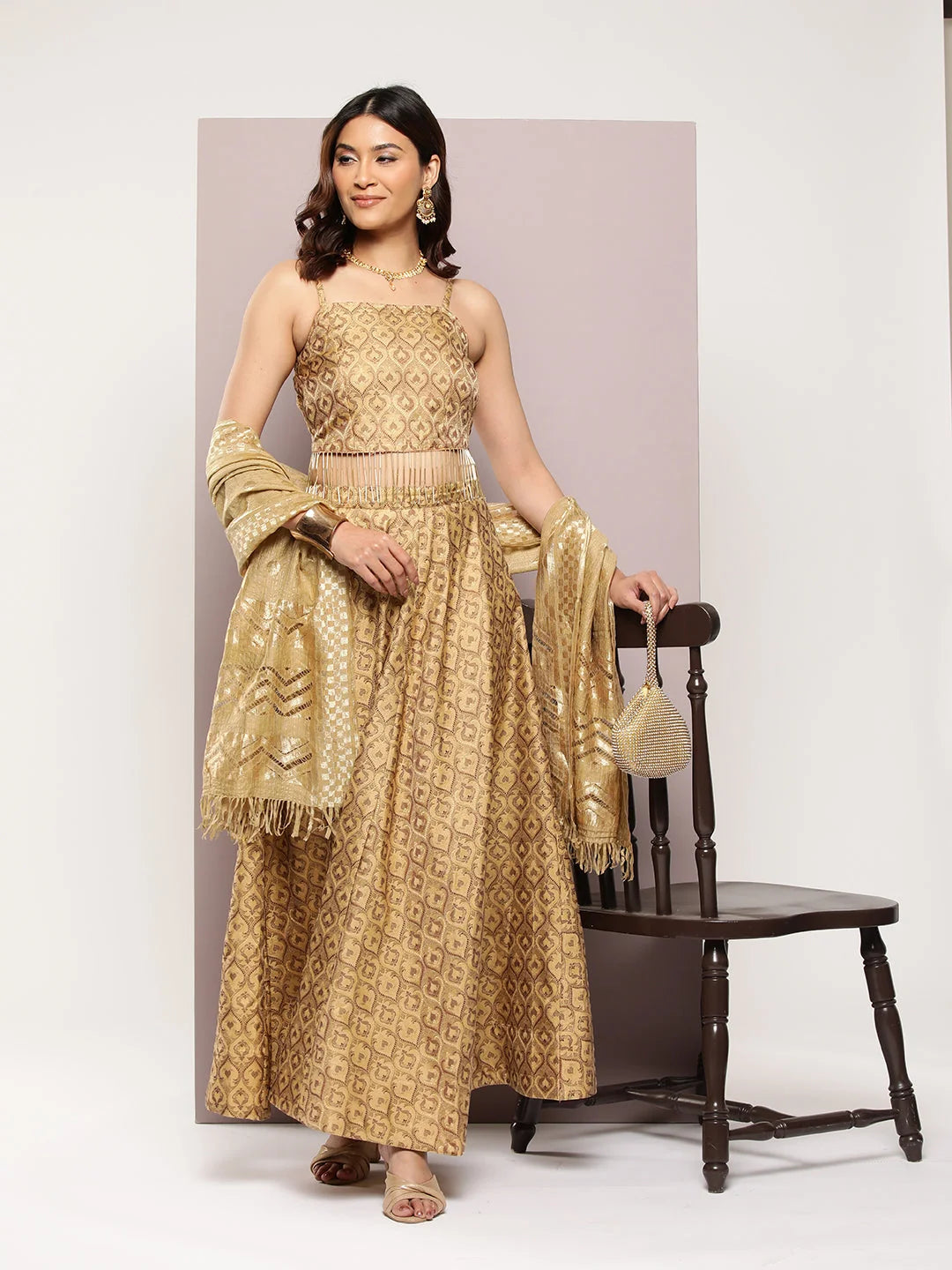 Cutdana emblished Jacqard Lehenga Choli with dupatta