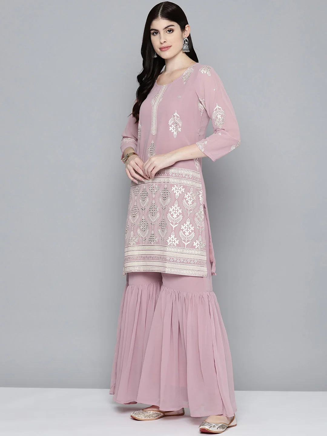 Pink Foil Printed Kurta Sharara Set - Sharara Suits for Women