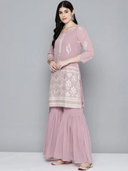 Women Pink & Silver Ethnic Motifs Foil Printed Straight Kurta Sharara Dupatta