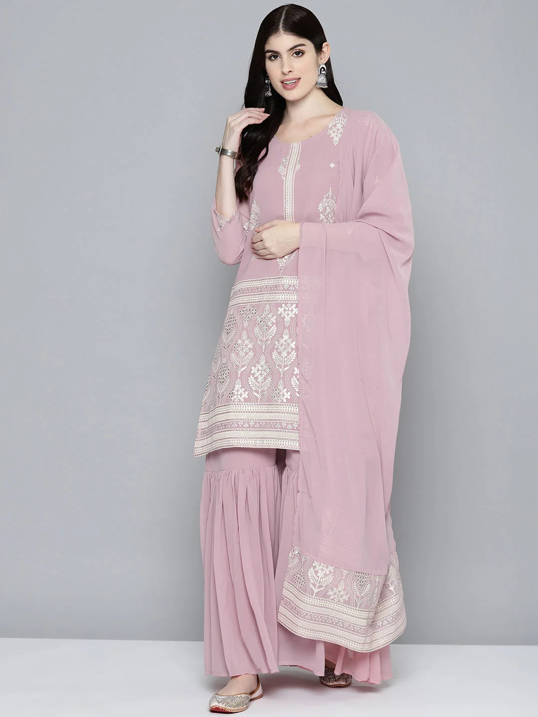 Pink Foil Printed Kurta Sharara Set - Sharara Suits for Women