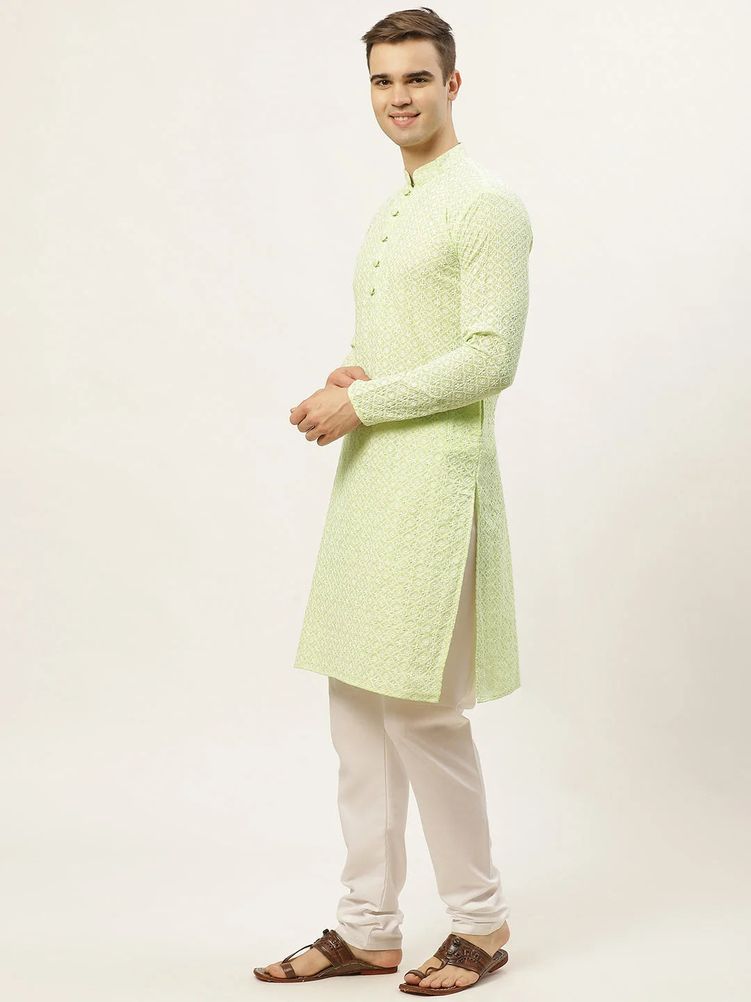 Green Embroidered Kurta Pajama Set - Mens Cotton Ethnic Wear
