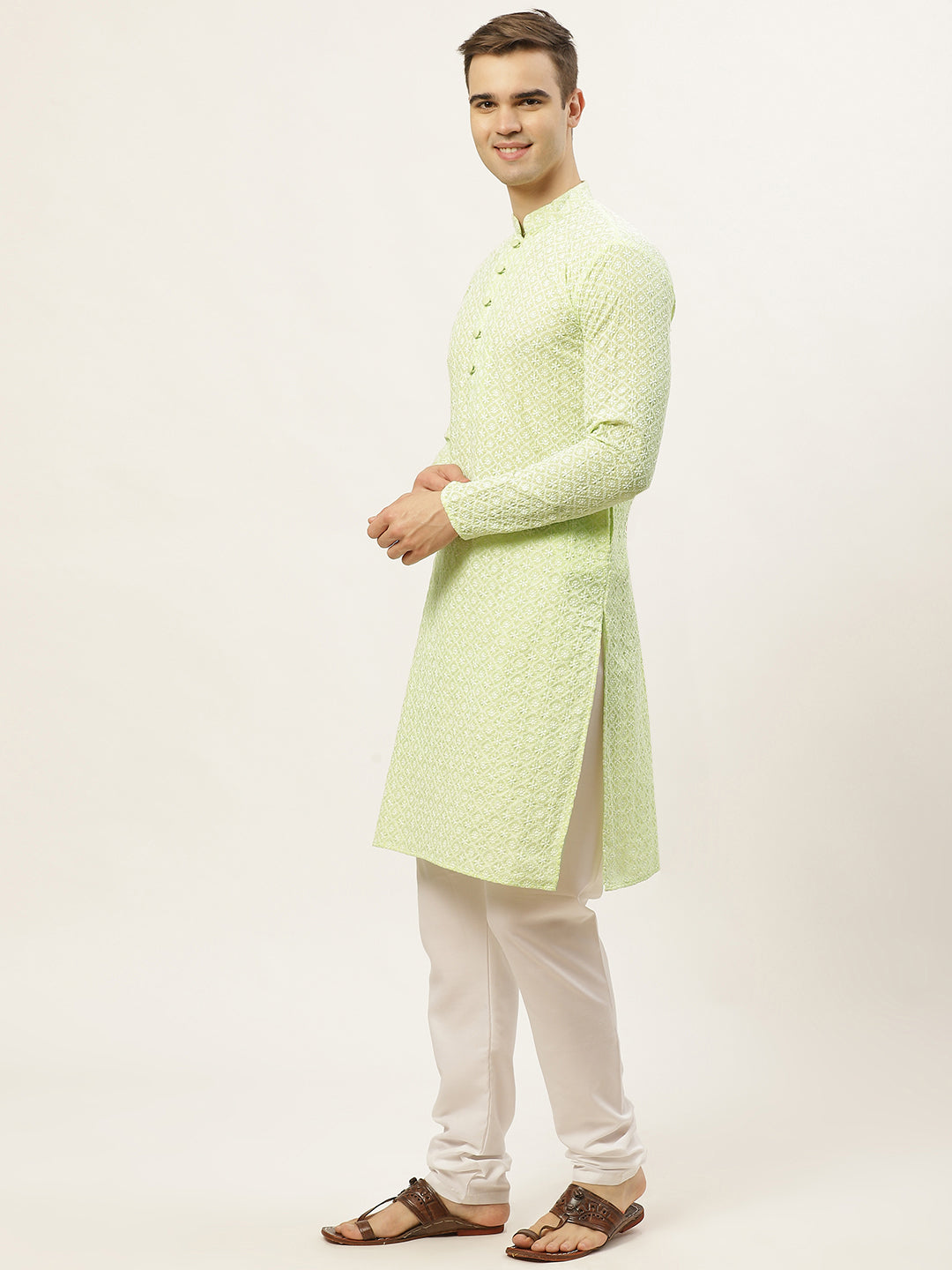 Green Embroidered Kurta Pajama Set - Mens Cotton Ethnic Wear