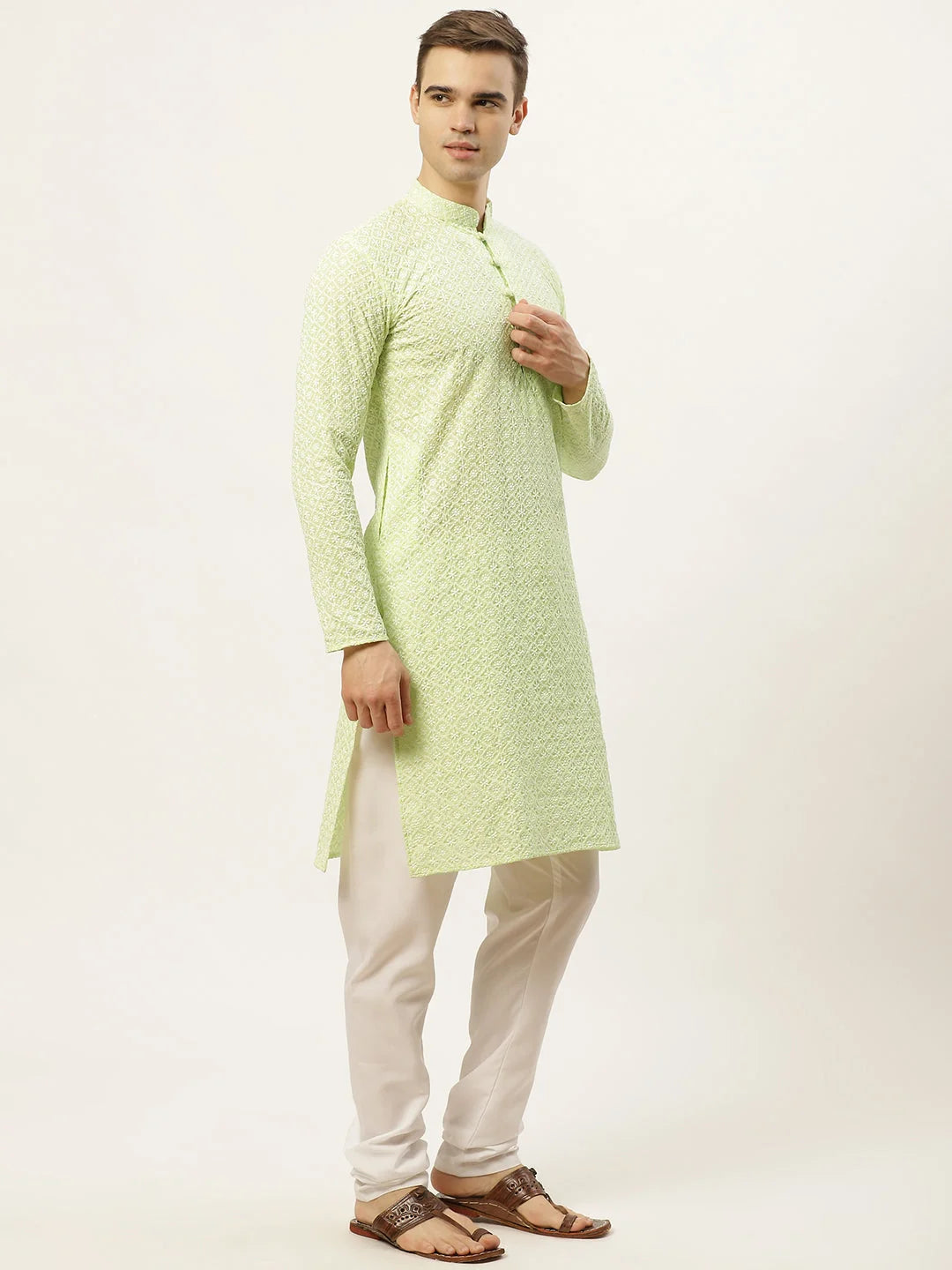 Green Embroidered Kurta Pajama Set - Mens Cotton Ethnic Wear