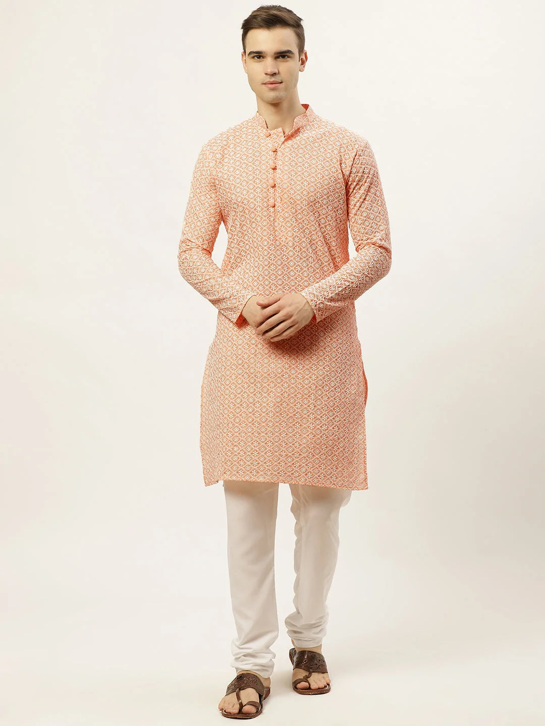 Men's Orange Kurta Pajama Set - Embroidered Cotton | Ethnic Wear