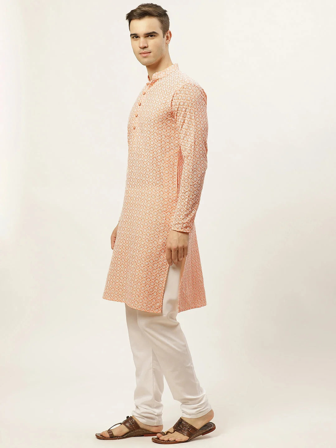 Men's Orange Kurta Pajama Set - Embroidered Cotton | Ethnic Wear