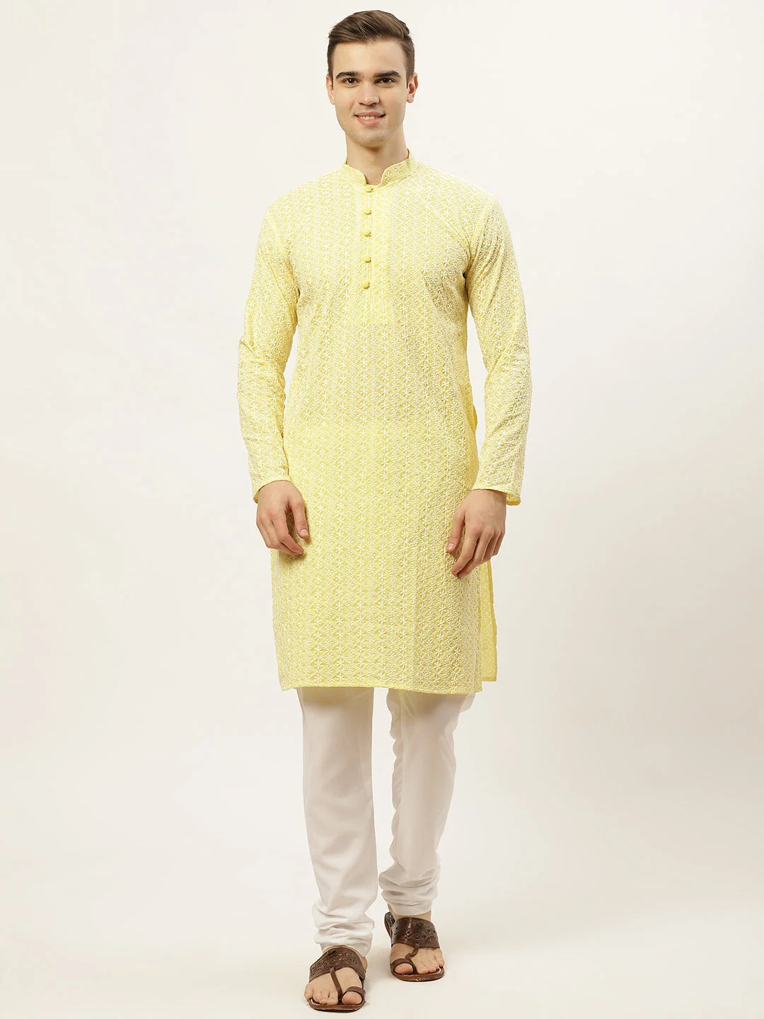 Yellow Cotton Kurta Pajama Set - Embroidered Mens Ethnic Wear