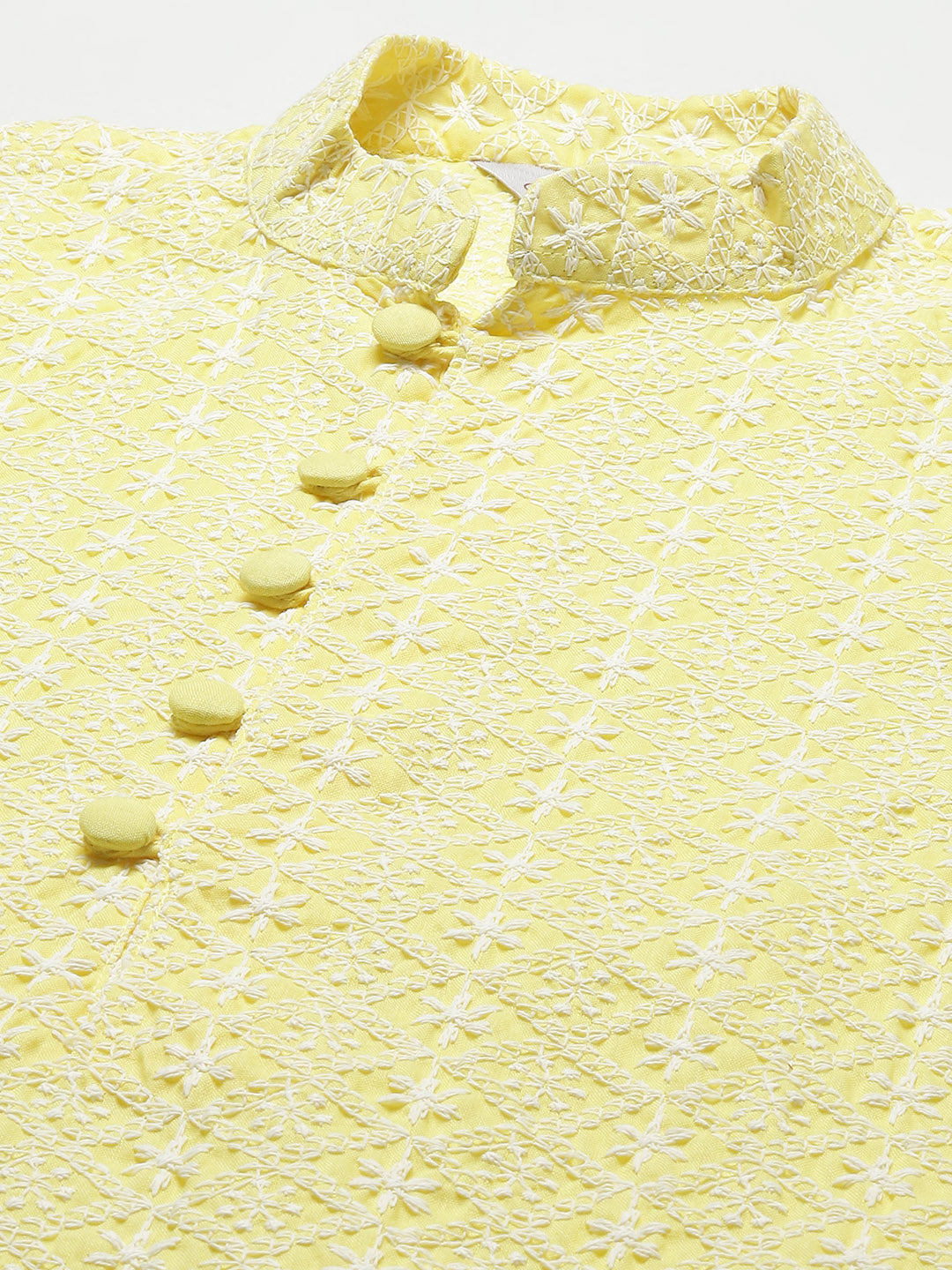 Yellow Cotton Kurta Pajama Set - Embroidered Mens Ethnic Wear