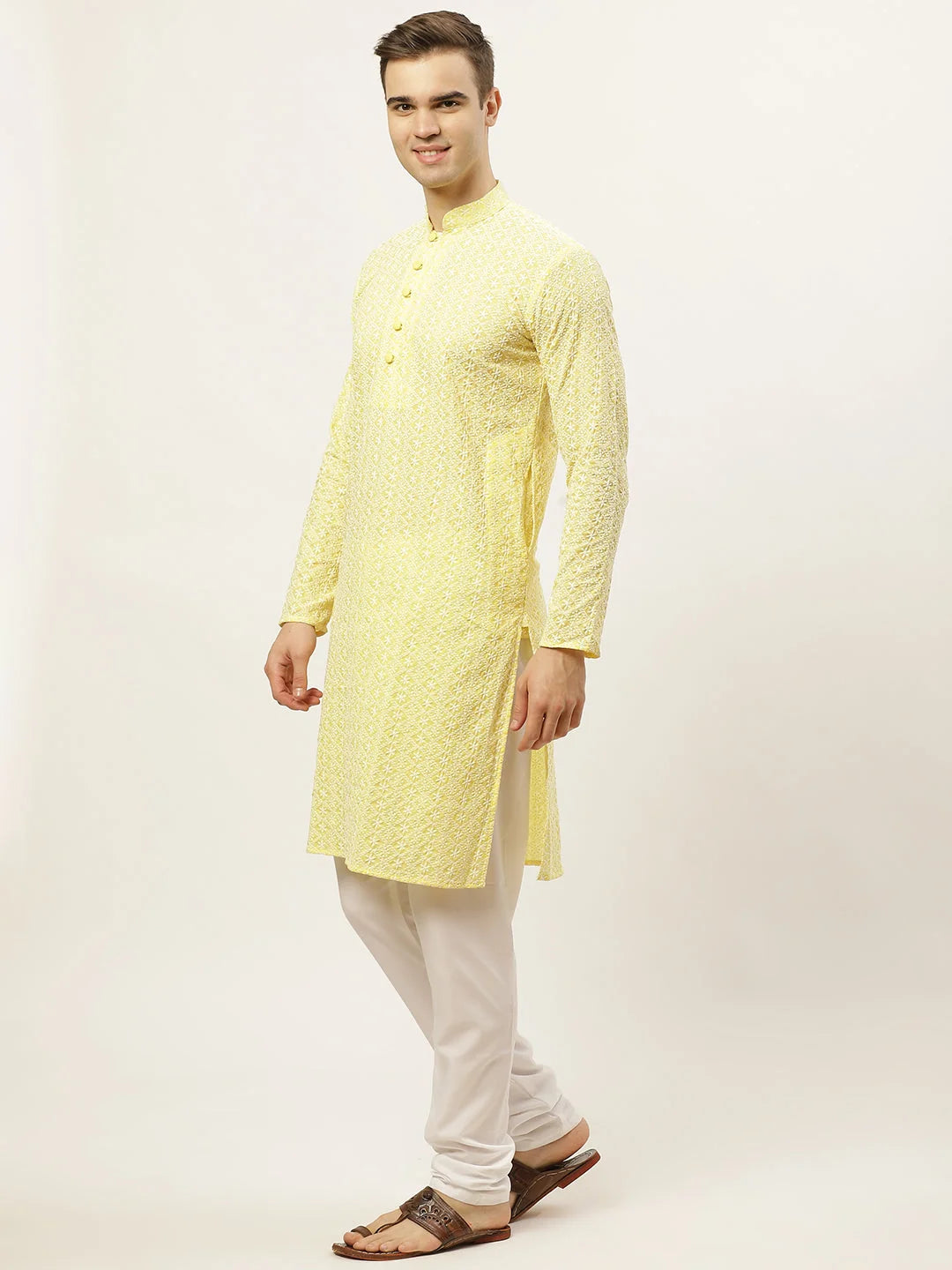 Yellow Cotton Kurta Pajama Set - Embroidered Mens Ethnic Wear
