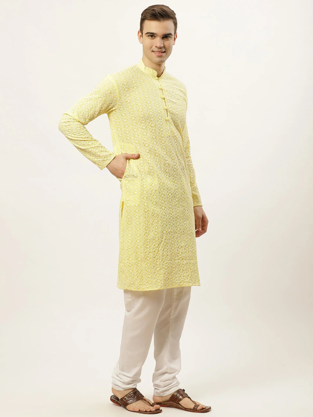 Yellow Cotton Kurta Pajama Set - Embroidered Mens Ethnic Wear